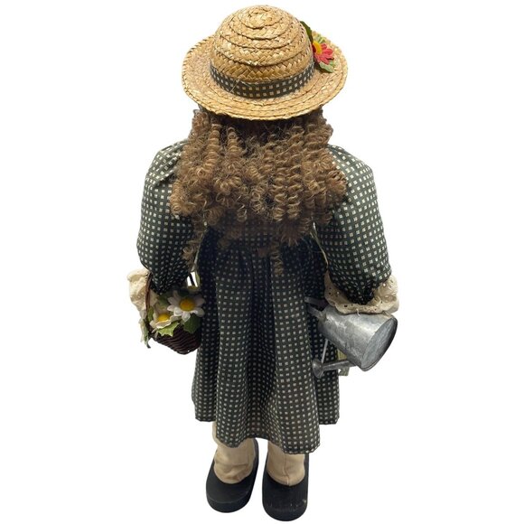 vintage doll country plaid stray hat flowers apron green striped stand 22" READ - Picture 2 of 9